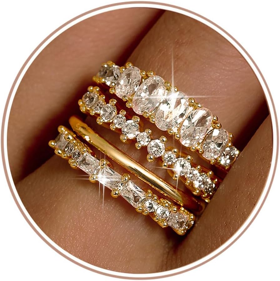 LOLIAS 14K Gold Plated Stackable Rings for Women Non Tarnish - Dainty Cubic Zirconia Wedding Bands Ring Set Minimalist Trendy Statement Engagement Promise Thumb Rings Stacking Size 5-10
