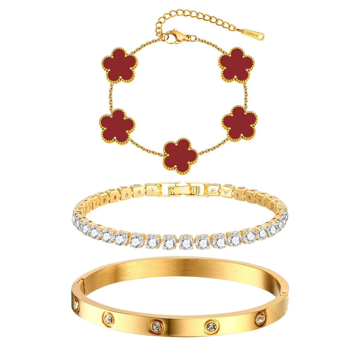 Womens Stackable Floral Gold Bracelets - 3Pcs 18K Gold Plated Bracelet,Stainless Steel Bangle Bracelets Non Tarnish, Gold Bracelet Set Trendy Jewelry,Christmas Valentines Birthday Gifts for Girlfriend