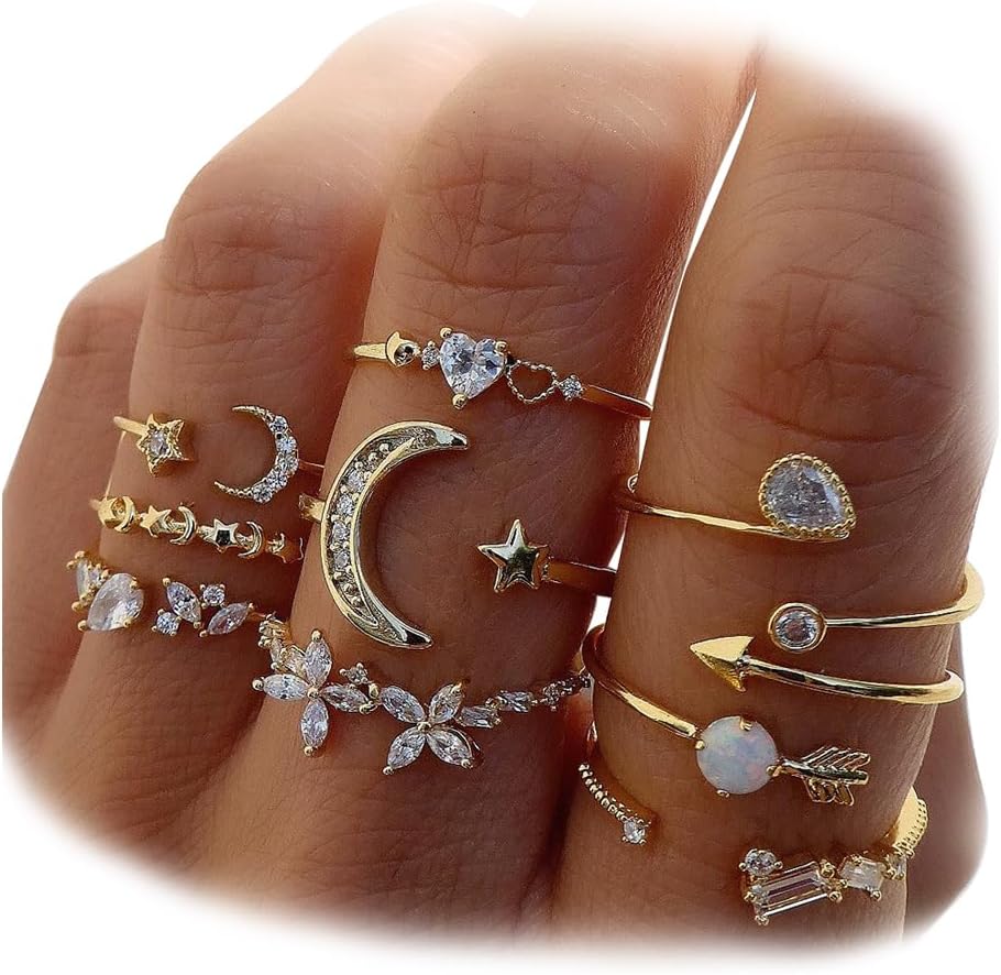 Gold Moon Star Ring Set