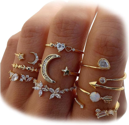 Gold Moon Star Ring Set
