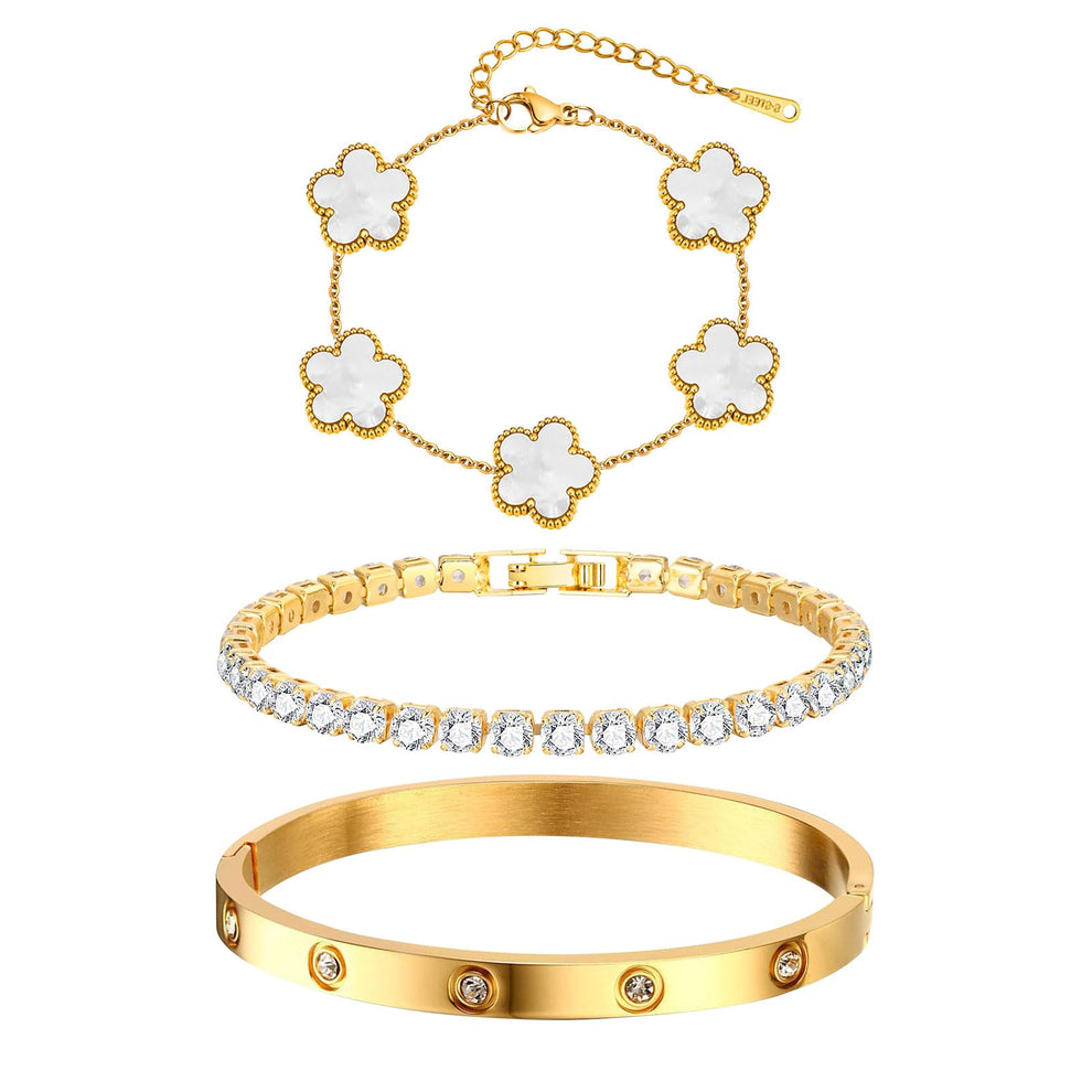 Womens Stackable Floral Gold Bracelets - 3Pcs 18K Gold Plated Bracelet,Stainless Steel Bangle Bracelets Non Tarnish, Gold Bracelet Set Trendy Jewelry,Christmas Valentines Birthday Gifts for Girlfriend