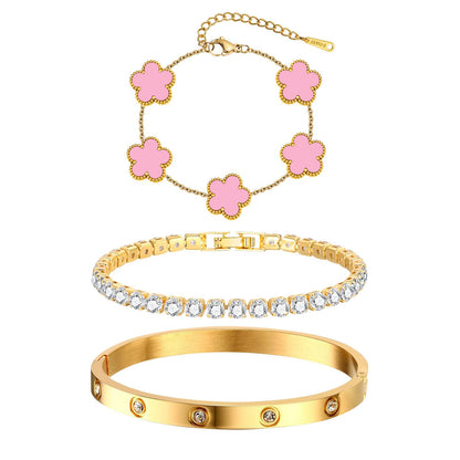 Womens Stackable Floral Gold Bracelets - 3Pcs 18K Gold Plated Bracelet,Stainless Steel Bangle Bracelets Non Tarnish, Gold Bracelet Set Trendy Jewelry,Christmas Valentines Birthday Gifts for Girlfriend