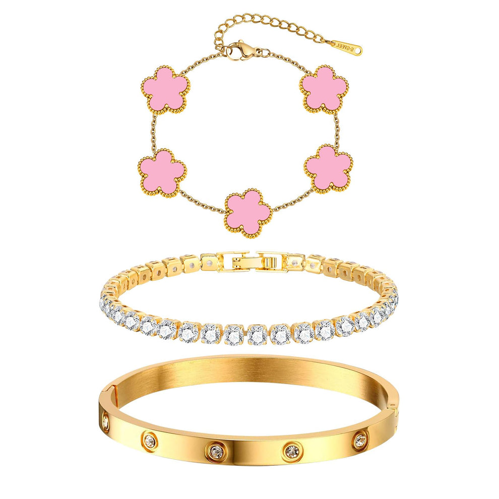 Womens Stackable Floral Gold Bracelets - 3Pcs 18K Gold Plated Bracelet,Stainless Steel Bangle Bracelets Non Tarnish, Gold Bracelet Set Trendy Jewelry,Christmas Valentines Birthday Gifts for Girlfriend