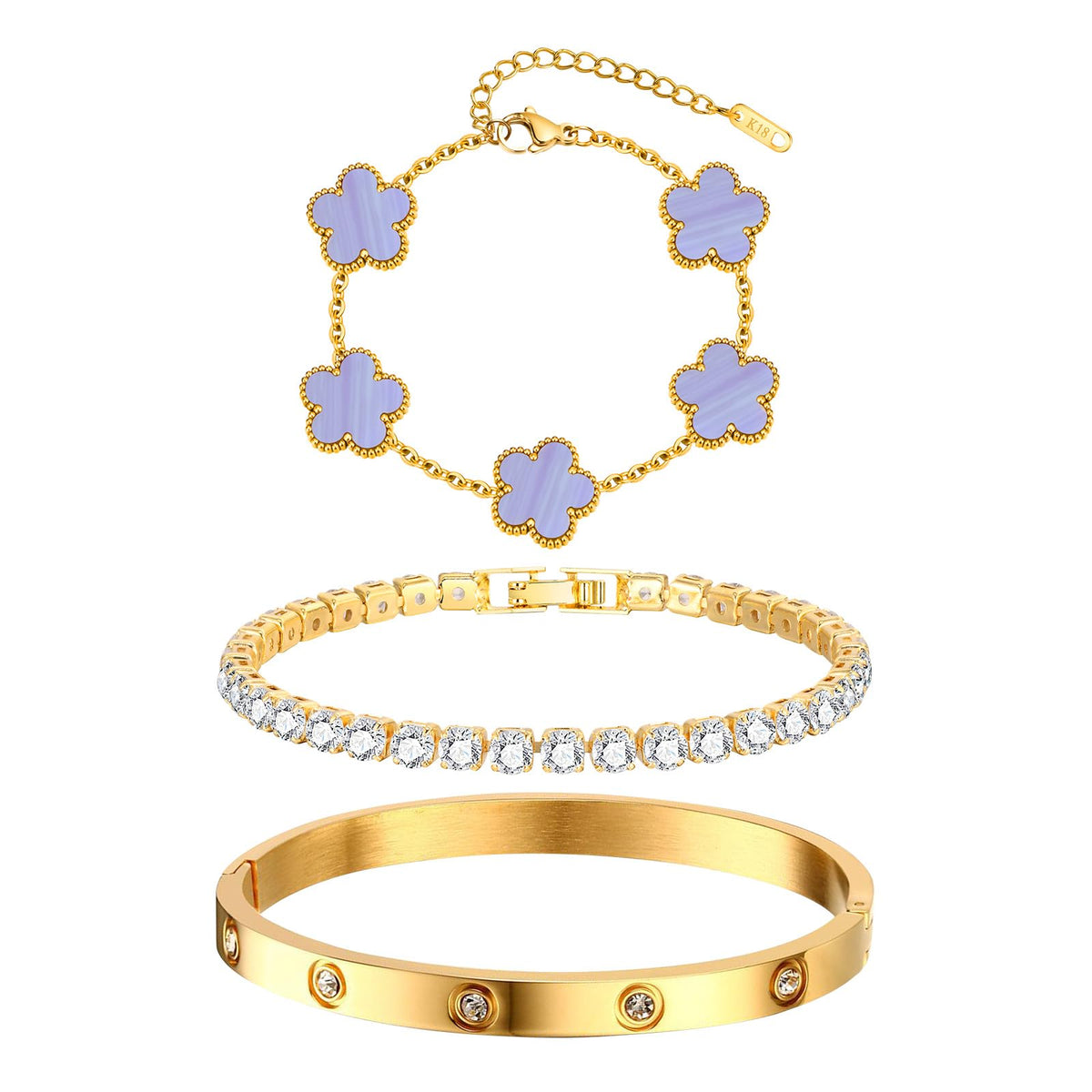 Womens Stackable Floral Gold Bracelets - 3Pcs 18K Gold Plated Bracelet,Stainless Steel Bangle Bracelets Non Tarnish, Gold Bracelet Set Trendy Jewelry,Christmas Valentines Birthday Gifts for Girlfriend