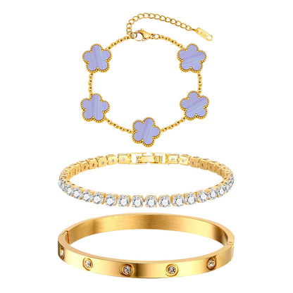 Womens Stackable Floral Gold Bracelets - 3Pcs 18K Gold Plated Bracelet,Stainless Steel Bangle Bracelets Non Tarnish, Gold Bracelet Set Trendy Jewelry,Christmas Valentines Birthday Gifts for Girlfriend
