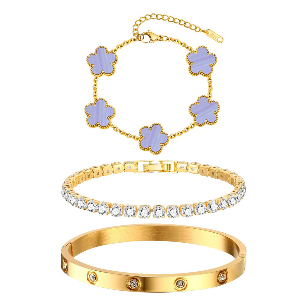 Womens Stackable Floral Gold Bracelets - 3Pcs 18K Gold Plated Bracelet,Stainless Steel Bangle Bracelets Non Tarnish, Gold Bracelet Set Trendy Jewelry,Christmas Valentines Birthday Gifts for Girlfriend