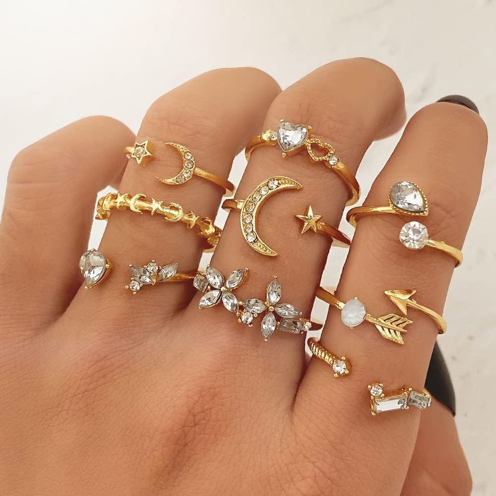 Gold Moon Star Ring Set