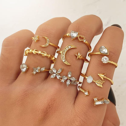 Gold Moon Star Ring Set