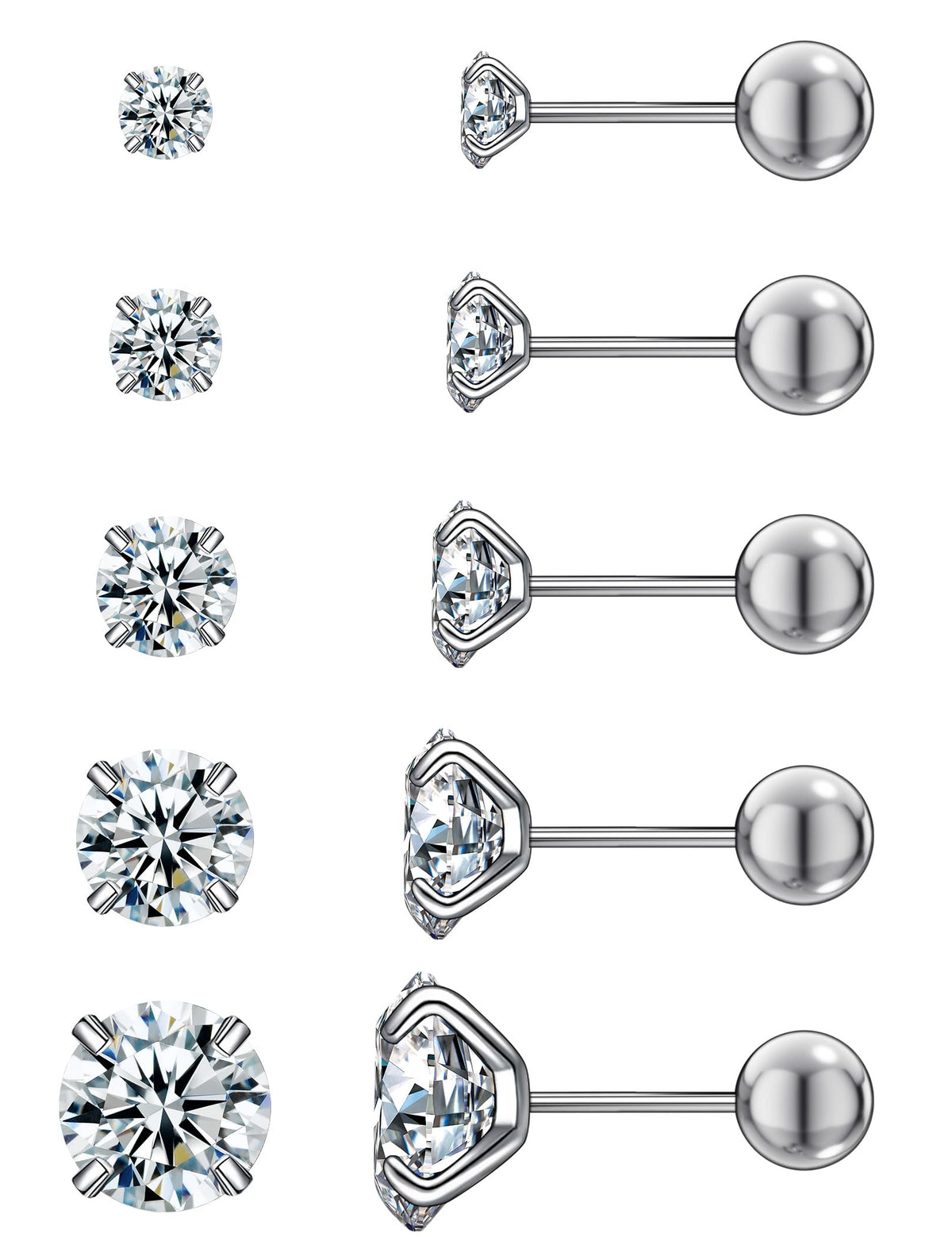 6 Pairs CZ Stud Earrings Set