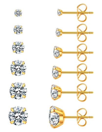 6 Pairs CZ Stud Earrings Set