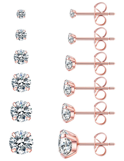 6 Pairs CZ Stud Earrings Set