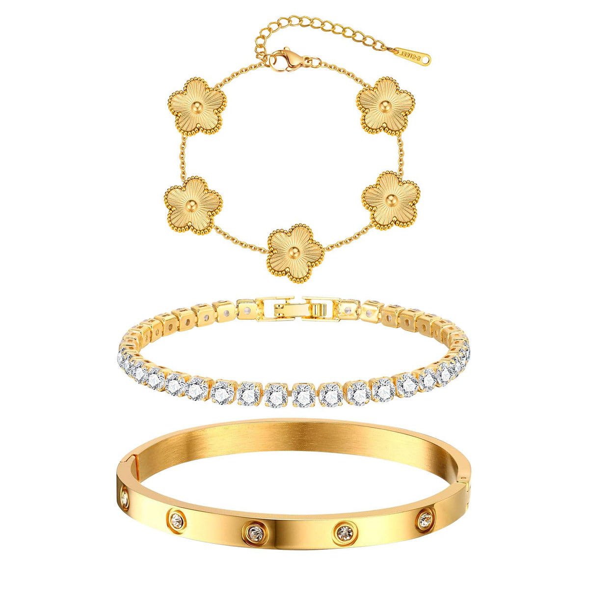 Womens Stackable Floral Gold Bracelets - 3Pcs 18K Gold Plated Bracelet,Stainless Steel Bangle Bracelets Non Tarnish, Gold Bracelet Set Trendy Jewelry,Christmas Valentines Birthday Gifts for Girlfriend