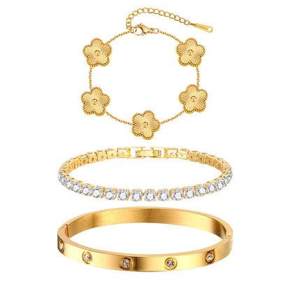 Womens Stackable Floral Gold Bracelets - 3Pcs 18K Gold Plated Bracelet,Stainless Steel Bangle Bracelets Non Tarnish, Gold Bracelet Set Trendy Jewelry,Christmas Valentines Birthday Gifts for Girlfriend
