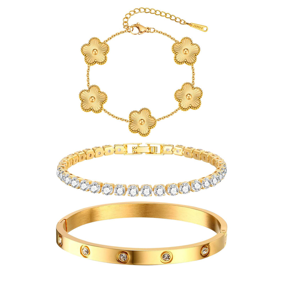 Womens Stackable Floral Gold Bracelets - 3Pcs 18K Gold Plated Bracelet,Stainless Steel Bangle Bracelets Non Tarnish, Gold Bracelet Set Trendy Jewelry,Christmas Valentines Birthday Gifts for Girlfriend
