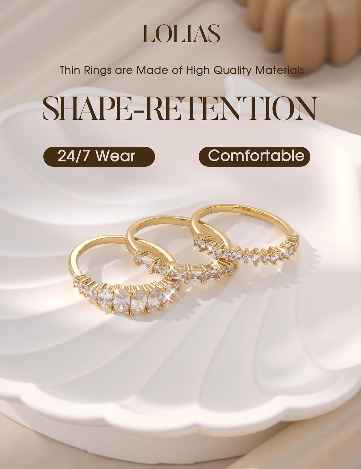 LOLIAS 14K Gold Plated Stackable Rings for Women Non Tarnish - Dainty Cubic Zirconia Wedding Bands Ring Set Minimalist Trendy Statement Engagement Promise Thumb Rings Stacking Size 5-10