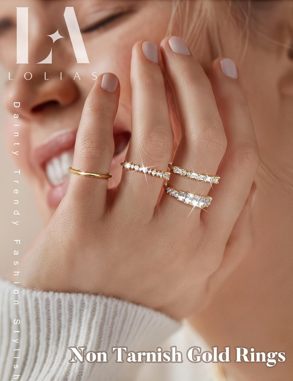 LOLIAS 14K Gold Plated Stackable Rings for Women Non Tarnish - Dainty Cubic Zirconia Wedding Bands Ring Set Minimalist Trendy Statement Engagement Promise Thumb Rings Stacking Size 5-10