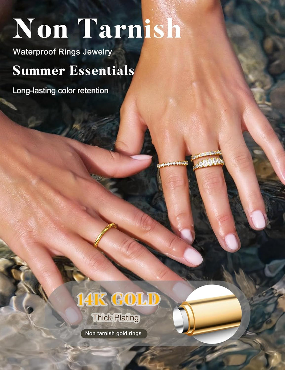 LOLIAS 14K Gold Plated Stackable Rings for Women Non Tarnish - Dainty Cubic Zirconia Wedding Bands Ring Set Minimalist Trendy Statement Engagement Promise Thumb Rings Stacking Size 5-10