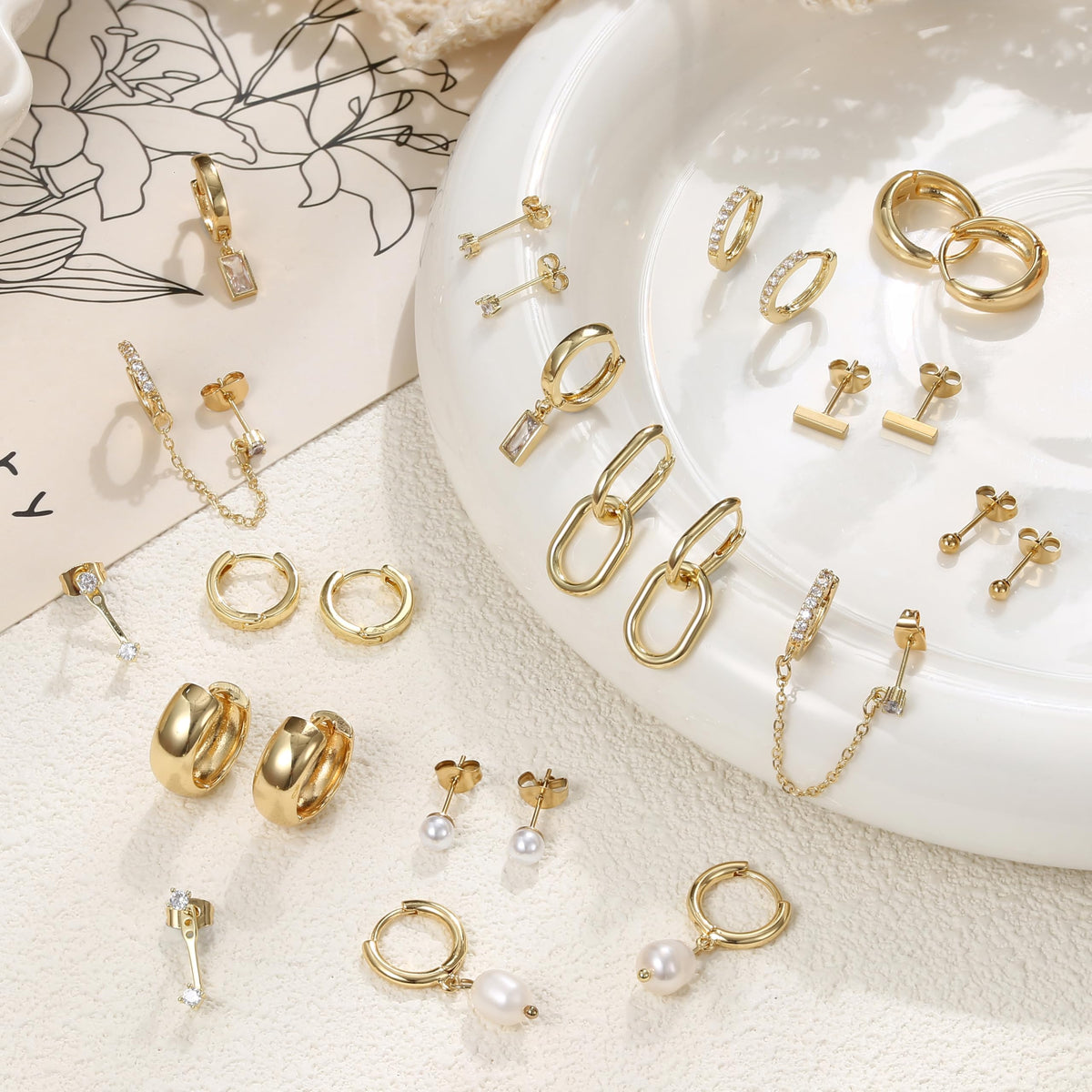 Gold Huggie Earrings Set